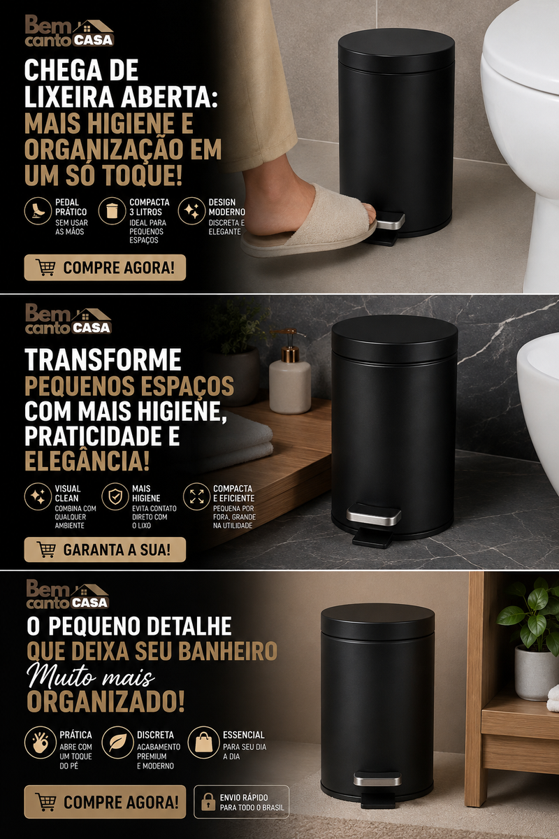 Lixeira com Pedal 3 Litros Preta – Compacta, Prática e Elegante