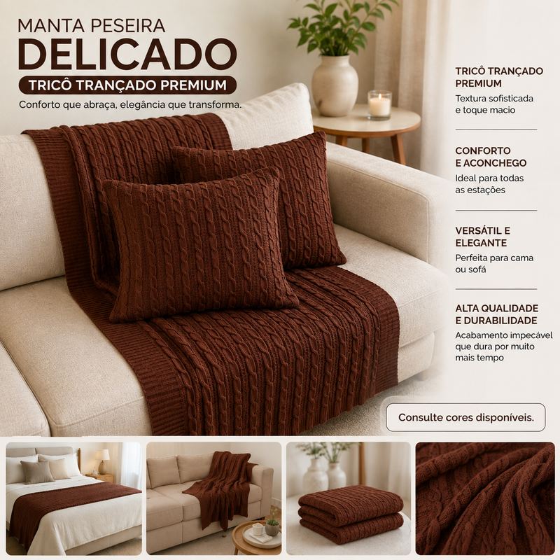Manta Peseira de Tricô Trançado Premium para Cama e Sofá